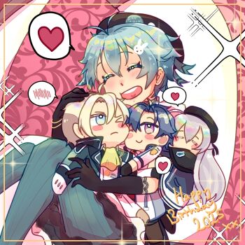 Rule 34 | 2boys, 2girls, ahoge, altina orion, artist request, beret, black gloves, blonde hair, blue hair, blush, brown hat, chibi, closed eyes, commentary, curtained hair, double-parted bangs, eiyuu densetsu, embarrassed, english commentary, english text, gloves, hair between eyes, happy birthday, hat, heart, highres, hug, jusis albarea, millium orion, multiple boys, multiple girls, one eye closed, open mouth, parted bangs, rean schwarzer, school uniform, sen no kiseki, sen no kiseki (series), sen no kiseki iii, short hair, siblings, sisters, skirt, smile, speech bubble, thighhighs, thors military academy branch campus uniform, white gloves, white hair