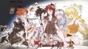 !? 6+girls absurdres ahoge black_hair blake_belladonna blonde_hair blue_eyes book breasts chips_(food) commentary cup dog english_commentary food green_eyes hair_between_eyes highres hiru315 large_breasts long_hair long_sleeves multiple_girls nora_valkyrie open_mouth orange_hair pajamas penny_polendina pillow ponytail pyrrha_nikos red_hair ruby_rose rwby short_hair sitting speech_bubble wavy_hair weiss_schnee white_hair window yang_xiao_long yellow_eyes zwei_(rwby)