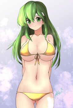 bikini breasts fire_emblem fire_emblem:_mystery_of_the_emblem fire_emblem_echoes:_shadows_of_valentia gluteal_fold gold_bikini headband highres lowleg lowleg_bikini nintendo palla_(fire_emblem) signature string_bikini studio_sugimoto swimsuit undersized_breast_cup undersized_clothes white_headband