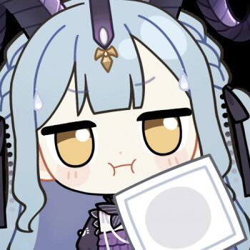 1girl animated animated_gif arknights bang_dream! bang_dream!_it&#039;s_mygo!!!!! black_horns black_ribbon blue_hair blunt_bangs blush_stickers chibi chibi_only chunye_haruya cleaning_rag closed_mouth curled_horns detached_collar dot_nose hair_ribbon holding_rag horns jitome long_hair looking_at_viewer lowres pout ribbon sidelocks simple_background solo togawa_sakiko togawa_sakiko_(master_of_melodia) transparent_background upper_body wiping yellow_eyes
