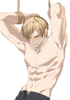 1boy abs absurdres armpits arms_up black_pants blonde_hair blue_eyes blush cowboy_shot grey_male_underwear grimace groin hair_over_one_eye highres hip_bones jujeop leon_s._kennedy male_focus male_underwear male_underwear_peek muscular muscular_male navel one_eye_closed open_pants pants pectorals resident_evil restrained rope simple_background solo sweat sweatdrop teeth topless_male underwear white_background wince