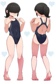 1boy absurdres ass back barefoot black_hair bulge commentary_request flat_chest hair_over_eyes heart highres one-piece_swimsuit original ponytail salsiccia_makino short_hair sidelocks simple_background swimsuit trap white_background