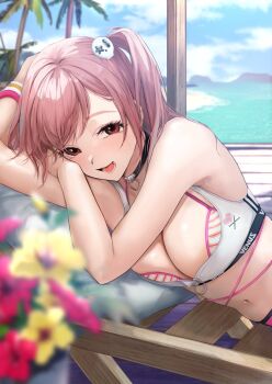 1girl akito_(d30n26) bare_shoulders beach bikini blush breasts choker cleavage dead_or_alive dead_or_alive_xtreme dead_or_alive_xtreme_venus_vacation deck_chair flower folding_chair hair_ornament heart heart_choker honoka_(doa) large_breasts long_hair looking_at_viewer lying navel ocean official_art one_side_up open_mouth palm_tree pink_hair red_eyes second-party_source skull_hair_ornament smile solo swimsuit tree venus_vacation_prism:_dead_or_alive_xtreme