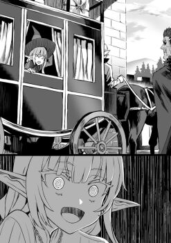 1girl 2boys asanagi bash_(orc_eiyuu_monogatari) carriage elf greyscale hat horse long_hair long_pointy_ears monochrome multiple_boys non-web_source novel_illustration official_art open_mouth orc orc_eiyuu_monogatari pointy_ears ringed_eyes scar scar_on_face surprised thunder_sonia tusks wide-eyed witch_hat