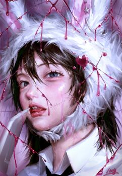 1girl absurdres animal_ear_piercing animal_ears animal_hat biting_own_tongue black_necktie blue_eyes brown_hair collared_shirt commentary_request cuts dripping fourth_wall gem hair_between_eyes hat hatena_(nazequestion) heart-shaped_gem highres injury knife looking_at_viewer medium_hair necktie open_mouth original pink_gem rabbit_ears rabbit_hat scar scar_on_face scratches shirt signature solo star_(symbol) teeth upper_teeth_only white_shirt