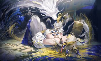 1girl absurdres arknights bead_bracelet beads blending blonde_hair blue_hair bracelet breasts colored_extremities commentary dragon dragon_girl dragon_horns dragon_tail earrings eastern_dragon gradient_hair grey_eyes highres horns iop5509 jacket jewelry knees_up long_hair lying medium_breasts multicolored_hair necklace off_shoulder on_back pants parted_lips shirt shu_(arknights) sleeveless sleeveless_shirt solo tail tassel tassel_earrings white_hair white_jacket white_pants white_shirt yellow_hands