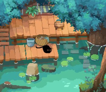 animal_focus animated animated_gif basket black_cat blinking bucket bush cat commentary decomposedmaw dock english_commentary falling_leaves hut leaf lily_pad original pixel_art plant plant_roots pond potted_plant ripples stone_walkway tree water
