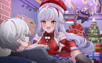 +_+ 1boy 1girl ahoge alternate_costume armband bangboo_(zenless_zone_zero) bare_shoulders black_shirt black_thighhighs blush box breasts christmas_tree commentary_request dress drill_hair drill_sidelocks fur-trimmed_dress fur-trimmed_gloves fur-trimmed_headwear fur_trim gift gift_box girl_on_top gloves grey_hair hat hetero highres holding holding_paper indoors ine_(ineinnen) jewelry large_breasts long_hair looking_at_another marriage_proposal mole mole_under_eye open_mouth paper pointy_ears pom_pom_(clothes) purple_hair red_armband red_dress red_gloves red_hat ring robin_(zenless_zone_zero) sack santa_costume santa_dress santa_hat shirt short_hair sidelocks sleeveless sleeveless_dress thighhighs vivian_banshee wedding_ring wise_(zenless_zone_zero) zenless_zone_zero