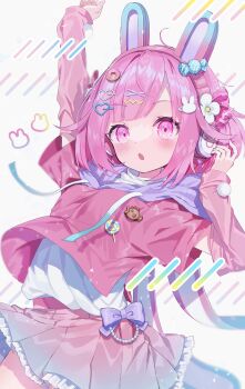Rule 34 | 1girl, :o, animal ear headphones, animal ears, arm up, arm warmers, blunt bangs, blush, commentary request, cowboy shot, drawstring, fake animal ears, frilled skirt, frills, fuinagi (huyuu mm), hair ornament, hand up, headphones, heart, heart hair ornament, highres, hood, hood down, hoodie, looking at viewer, miniskirt, ootori emu, open mouth, parted bangs, pink hair, pink hoodie, pink skirt, pleated skirt, project sekai, rabbit ear headphones, rabbit ears, shirt, short hair, short sleeves, sidelocks, simple background, skirt, solo, white background, white shirt, x hair ornament