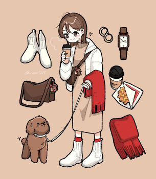 Rule 34 | 1girl, bag charm, boots, brown dress, brown eyes, brown hair, charm (object), closed mouth, commentary request, cup, disposable coffee cup, disposable cup, dog, dress, earrings, food, full body, highres, holding, holding leash, jacket, jewelry, leash, medium hair, nozawa (nooo1709), open clothes, open jacket, original, red scarf, red socks, scarf, smile, socks, solo, standing, unworn boots, unworn scarf, unworn wristwatch, waffle, watch, white boots, white jacket, wristwatch