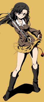 Rule 34 | 1girl, absurdres, black hair, breasts, chi-hatan military uniform, cleavage, erakin, full body, girls und panzer, grey eyes, highres, holding, holding sword, holding weapon, katana, large breasts, long hair, looking at viewer, military uniform, miniskirt, nishi kinuyo, serious, simple background, skirt, solo, sword, weapon, yellow background, yellow skirt