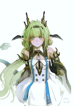 1girl absurdres arknights arknights:_endfield bare_shoulders bead_bracelet beads black_gloves black_hairband black_sleeves black_wings blue_eyes bracelet chinese_commentary collared_dress commentary dated detached_sleeves dress feranmut_proxy_(arknights) gloves gradient_background green_hair hairband head_wings highres horns jewelry long_hair looking_at_viewer pointy_ears qian. signature simple_background sleeveless sleeveless_dress solo straight-on tail upper_body very_long_hair white_background white_dress wings