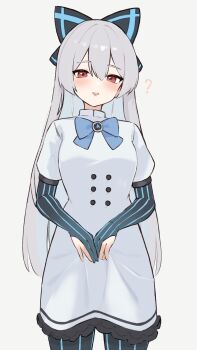 1girl ? black_bow blue_bow blue_bowtie blush bow bowtie commentary_request cowboy_shot dress girls&#039;_frontline hair_bow hiepita97 highres long_hair looking_at_viewer open_mouth red_eyes simple_background solo teeth tokarev_(girls&#039;_frontline) upper_teeth_only white_background white_dress white_hair