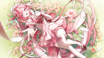 1girl absurdres artist_logo bare_shoulders beret braid braided_bangs breasts cherry_blossoms commentary commentary_request diamond-shaped_pupils diamond_(shape) dress earrings elysia_(hi_love_elf)_(honkai_impact) elysia_(honkai_impact) english_commentary feathers fingernails foot_out_of_frame from_above gloves hair_ornament hand_on_own_chest hat heart heart_earrings heart_hair_ornament highres honkai_(series) honkai_impact_3rd jewelry large_breasts logo long_hair lying mixed-language_commentary myao_(myaodayone) on_back open_mouth pantyhose pink_dress pink_hair pink_shoes pointy_ears purple_eyes reaching reaching_towards_viewer shoes sidelocks single_glove single_leg_pantyhose single_thighhigh smile solo symbol-shaped_pupils thighhighs thighs very_long_hair white_feathers white_gloves white_hat white_pantyhose white_thighhighs