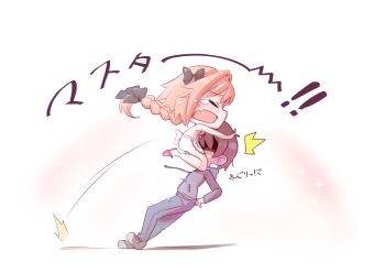 2boys apron astolfo_(fate) bow braid brown_hair chibi crying fang fate/apocrypha fate_(series) hair_bow highres hood hoodie male_focus motion_lines multiple_boys naked_apron orange_hair p_answer pouncing skin_fang slippers translated trap white_background