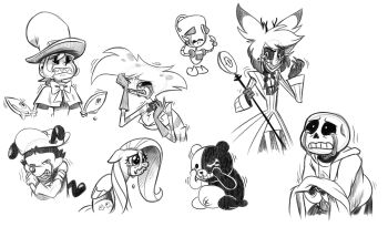 2019 character_request copyright_request cropped_legs crossover crying crying_with_eyes_open danganronpa_(series) ears_through_headwear fluttershy furry furry_male gir_(invader_zim) gir_(robot)_(invader_zim) hazbin_hotel hellaverse highres invader_zim monokuma my_little_pony my_little_pony:_friendship_is_magic peacock_(skullgirls) sans_(undertale) skullgirls tears twitter undertale utdr_(toby_fox) xerxapplestix