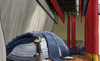 1girl absurdres animal black_hair black_jacket blazer bow bowtie curtains grey_skirt highres holding holding_microphone indoors jacket kneeling lapels microphone mo_ma_shima original pleated_skirt red_bow skirt stage whale wooden_floor