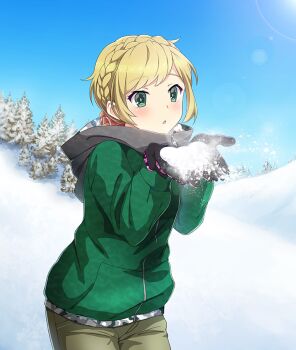 Rule 34 | 1girl, :o, black gloves, blonde hair, blowing, blue sky, blush, braid, camouflage, cowboy shot, crown braid, day, game cg, gloves, green eyes, green jacket, green pants, hands up, hood, hooded jacket, jacket, lens flare, long sleeves, multicolored gloves, naruse miki (toji no miko), official art, open mouth, outstretched hand, pants, purple gloves, sky, snow, solo, sun, third-party source, toji no miko, toji no miko: kizamishi issen no tomoshibi, tree, two-tone gloves, winter clothes