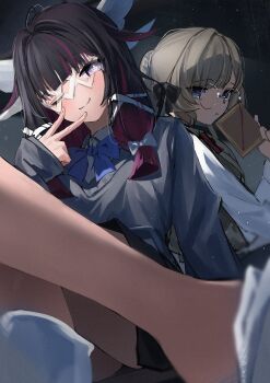 2girls absurdres black_bow black_hair blue_bow blue_bowtie blue_eyes bow bowtie closed_mouth collared_shirt columbina_(genshin_impact) commentary eye_mask genshin_impact glasses hair_bow hair_bun hair_ornament head_wings highres kazu_(kauk3753) long_hair mask multicolored_hair multiple_girls multiple_wings one_eye_closed purple_eyes purple_hair sandrone_(genshin_impact) see-through_clothes see-through_mask shirt sitting smile streaked_hair sweater_vest two-tone_hair v white_mask white_wings wing_hair_ornament wings