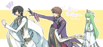 1girl 2boys black_hair brown_hair c.c. chasing code_geass creayus food green_hair hat kururugi_suzaku lelouch_vi_britannia long_hair long_sleeves multiple_boys pizza running short_hair simple_background twitter_username white_hat zero_(code_geass)