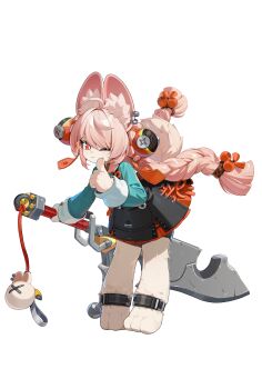 1girl absurdres ahoge animal_ear_fluff animal_ears ankle_strap black_skirt braid bright_pupils chinese_clothes ear_piercing full_body furry furry_female highres holding holding_sword holding_weapon huge_weapon long_hair long_sleeves looking_at_viewer official_art one_eye_closed piercing pink_fur pink_hair rabbit_ears rabbit_girl red_eyes short_eyebrows skirt smile solo sword thick_eyebrows transparent_background twin_braids very_long_hair weapon white_pupils zenless_zone_zero zhao_(zenless_zone_zero)