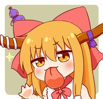 Rule 34 | 1girl, blonde hair, blush, bow, chibi, chibi only, commentary request, green background, hair between eyes, hair ribbon, horns, ibuki suika, long hair, red bow, red ribbon, ribbon, shirt, solo, tongue, tongue out, touhou, white shirt, yellow eyes, yige lurenjia