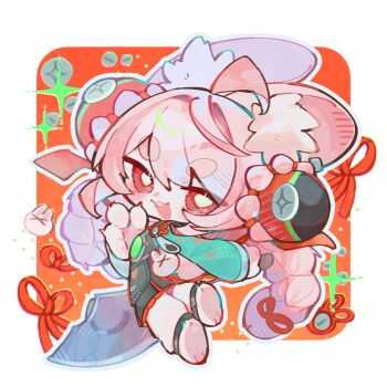 accessories animal_ear_fluff animal_ears animal_feet ashira_(siphaca) blush bright_pupils chibi claws ear_piercing from_behind furry furry_female green_shirt hair_between_eyes highres holding holding_weapon legband long_hair looking_at_viewer looking_back medallion o-ring_necktie open_mouth orange_background piercing pink_fur pink_hair rabbit_ears rabbit_girl red_eyes red_ribbon ribbon screw shirt short_eyebrows sparkle sparkling_eyes teeth thick_eyebrows twintails upper_teeth_only weapon white_background white_pupils zenless_zone_zero zhao_(zenless_zone_zero)