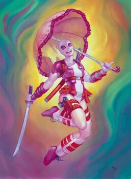 1girl aqua_background commentary deadpool_(series) english_commentary full_body gloves grin gun gwenpool handgun highres holding holding_sword holding_umbrella holding_weapon holster katana leotard marvel mask meghan_hetrick multicolored_leotard oil_painting_(medium) open_mouth painting_(medium) parasol pink_background pink_gloves pink_leotard pink_shoes sheath shin_guards shoes smile solo superhero_costume sword sword_on_back thigh_holster traditional_media two-tone_leotard umbrella weapon weapon_on_back western_comics_(style) yellow_background