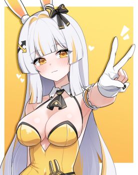 Rule 34 | 1girl, animal ears, arm garter, armpits, ascot, bare shoulders, black ascot, black survival, blush, bow, breasts, cleavage, closed mouth, commentary, detached collar, eternal return: black survival, gloves, hair bow, highres, leotard, long hair, looking at viewer, medium breasts, minami rio, minami rio (winning shot), moonb3702, multicolored hair, official alternate costume, outstretched arm, partially fingerless gloves, partly fingerless gloves, playboy bunny, rabbit ears, smile, solo, spaghetti strap, streaked hair, symbol-only commentary, upper body, v, white gloves, white hair, wrist cuffs, yellow background, yellow eyes, yellow leotard, yugake