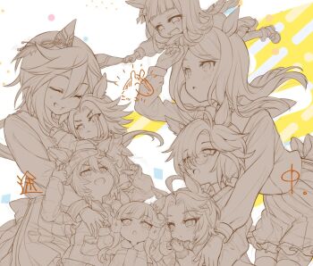 6+girls :o aged_down ahoge animal_ears dream_journey_(umamusume) ear_covers ears_through_headwear fenomeno_(umamusume) fukunedayo glasses gold_ship_(umamusume) grabbing_another&#039;s_ear hair_between_eyes hand_on_another&#039;s_ear hat holding_hands horse_ears horse_girl hug long_hair lucky_lilac_(umamusume) mejiro_mcqueen_(umamusume) monochrome multiple_girls nakayama_festa_(umamusume) open_mouth orfevre_(umamusume) sailor_collar school_uniform short_hair skirt standing_on_another&#039;s_head stay_gold_(umamusume) stay_gold_clan_(umamusume) tracen_school_uniform umamusume v-shaped_eyebrows