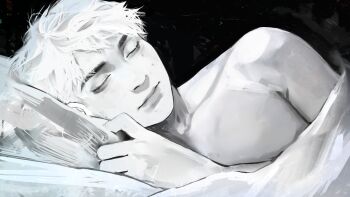 1boy aegyo_sal angela_he black_background closed_eyes expressionless facing_viewer game_cg greyscale head_on_pillow highres i_woke_up_next_to_you_again large_variant_set looking_at_viewer lying male_focus monochrome non-web_source official_art on_side painterly pillow short_hair simple_background toned toned_male under_covers upper_body variant_set white_hair