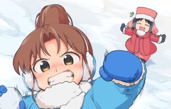 2girls black_gloves black_hair blue_gloves brown_hair city_(arawi_keiichi) closed_eyes coat commentary_request dot_nose earmuffs fur-trimmed_headwear fur-trimmed_sleeves fur_trim gloves hand_up hat holding holding_snowball izumi_wako looking_at_viewer motion_lines multiple_girls nagumo_midori open_mouth ponytail red_coat red_hat red_skirt short_hair skirt smile snow snowball teeth upper_body ushanka vivivi_(user_nfpf2837) winter winter_clothes winter_coat winter_gloves yellow_eyes