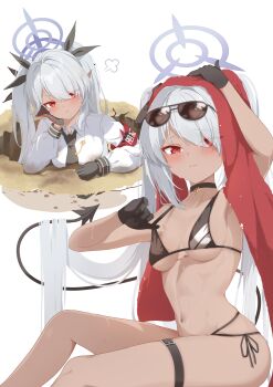 1girl absurdres bikini black_bikini black_gloves black_necktie blue_archive blush breasts closed_mouth commentary dark-skinned_female dark_skin demon_girl demon_tail eyes_visible_through_hair foxhole gloves grey_hair hair_over_one_eye halo head_rest hello-ghiblisan highres iori_(blue_archive) iori_(swimsuit)_(blue_archive) long_hair looking_at_viewer medium_breasts necktie pointy_ears purple_halo red_eyes revision shirt sidelocks solo swimsuit tail thigh_strap towel towel_on_head twintails white_shirt