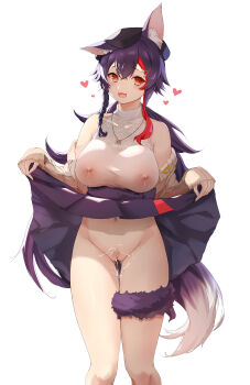 1girl absurdres animal_ear_fluff animal_ears bare_shoulders black_bow black_hair blush bow brown_eyes cardigan closed_mouth clothes_lift commentary_request covered_erect_nipples cum cum_on_body feet_out_of_frame female_pubic_hair gradient_eyes hair_between_eyes hair_ornament highres hololive lactation lifting_own_clothes long_hair looking_at_viewer multicolored_eyes multicolored_hair no_bra no_panties official_alternate_costume ookami_mio ookami_mio_(street) open_cardigan open_clothes orange_eyes pubic_hair pussy red_eyes red_hair see-through_clothes simple_background skirt skirt_lift smile solo standing streaked_hair tail thighs two-tone_hair utdkaz virtual_youtuber white_background wolf_ears wolf_girl wolf_tail yellow_eyes