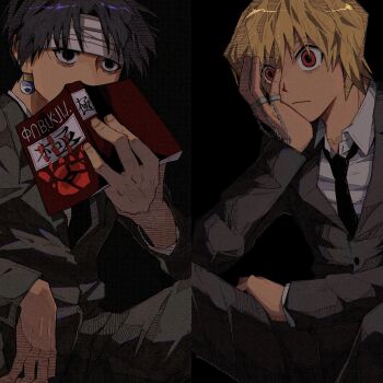 2boys 4649_oneshasu arm_on_thigh bandaged_head bandages black_eyes black_hair black_jacket black_necktie black_pants black_suit blonde_hair book chain chrollo_lucilfer closed_mouth collared_shirt dress_pants dress_shirt earrings elbow_on_knee formal_clothes hand_on_own_face hand_up headband highres holding holding_book hunter_x_hunter jacket jewelry kurapika male_focus multiple_boys multiple_rings multiple_views necktie open_book pants red_eyes ring shirt short_hair sitting split_screen suit suit_jacket white_headband white_shirt