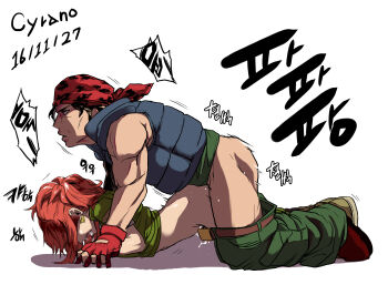 1boy 1girl anal blue_hair doggystyle highres ikari_warriors leona_heidern mercenary no_pants ralf_jones red_hair sex sex_from_behind snk the_king_of_fighters
