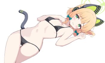 1girl alternate_costume animal_ear_headphones animal_ears bikini black_bikini blonde_hair blue_archive blush bow breasts cardcat_00 cat_ear_headphones cat_ears cat_tail closed_mouth crossed_legs fake_animal_ears green_eyes green_halo hair_bow halo hands_up headphones highres loli looking_at_viewer lying midori_(blue_archive) navel on_back short_hair simple_background small_breasts solo split_mouth sweatdrop swimsuit tail thigh_gap white_background