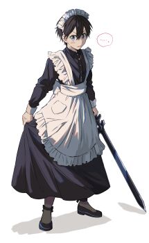 ... 1boy absurdres apron black_dress black_hair blush commentary_request crossdressing crossdressing_(mtf) dress frilled_apron frills full_body hair_between_eyes highres holding holding_sword holding_weapon kirito maid maid_apron maid_headdress male_focus male_maid short_hair solo spoken_ellipsis standing sword sword_art_online toramaru_(696anna) weapon white_apron