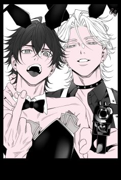 2boys animal_ears aohitsugi_samatoki black_leotard bow bowtie choker crossdressing crossdressing_(mtf) detached_collar earrings fake_animal_ears finger_on_trigger gun handgun highres holding holding_gun holding_weapon hypnosis_mic jewelry leotard male_focus male_playboy_bunny middle_finger mole mole_under_eye money monochrome multiple_boys open_mouth parted_lips rabbit_ears simple_background smile strapless strapless_leotard stud_earrings studded_choker tongue tongue_out tucked_money upper_body weapon yamada_ichiro yu_(yuririnta)