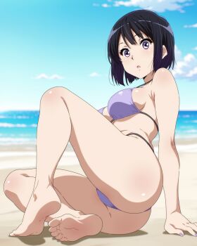 1girl :o alternate_hair_length alternate_hairstyle ass barefoot beach bikini black_hair blue_sky breasts cloud day feet full_body hibike!_euphonium highres kousaka_reina large_breasts looking_at_viewer outdoors purple_bikini purple_eyes sbel02 short_hair sitting sky soles solo swimsuit thighs