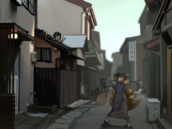 2girls :3 animal_ears bag black_hair blonde_hair blue_tabard blue_trim building carrot cat_ears cat_girl cat_tail chen closed_eyes condenser_unit dress fangs faucet fox_ears fox_girl fox_tail frilled_dress frilled_hat frills grey_dress grey_hat hat highres hotoke_party long_dress long_sleeves mob_cap multiple_girls multiple_tails nekomata open_mouth plant road short_hair shoulder_bag sign smile street surprised tabard tail touhou two_tails yakumo_ran
