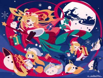 Rule 34 | > <, 3girls, :d, alice (genshin impact), black pantyhose, blonde hair, blue eyes, box, broom, broom riding, chibi, chibi only, closed mouth, cobalta, commentary request, genshin impact, gift, gift box, hat, klee (genshin impact), long hair, long sleeves, moon, multiple girls, nicole reeyn, one eye closed, open mouth, pantyhose, parachute, pointy ears, red eyes, red hat, santa costume, santa hat, short hair, sleigh, smile, snowflakes, xd