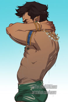 1boy bara black_panther:_wakanda_forever black_panther_(series) cowboy_shot dark-skinned_male dark_skin earrings from_side green_male_swimwear groin jewelry male_focus male_swimwear marvel mature_male mto namor nipples pectorals pointy_ears profile short_hair solo swim_briefs thick_eyebrows toned toned_male topless_male tribal
