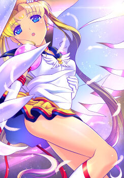 1girl bishoujo_senshi_sailor_moon blonde_hair blue_eyes blue_sailor_collar breasts choker crescent crescent_choker crescent_earrings earrings elbow_gloves eternal_sailor_moon facial_mark falling_feathers feathers forehead_mark gloves highres himehachi_(hime8manga) jewelry long_hair magical_girl medium_breasts miniskirt open_mouth pleated_skirt red_choker sailor_collar sailor_moon sailor_senshi_uniform shirt skirt solo star_(symbol) star_earrings teeth tsukino_usagi twintails upper_teeth_only very_long_hair white_feathers white_gloves white_shirt wings yellow_skirt