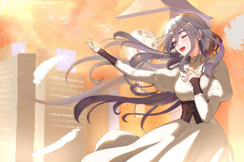 1girl alternate_costume ashley_(shining_nikki) brown_corset building clock clock_tower closed_eyes commentary_request corset cowboy_shot dress earrings eyelashes feathers floating_clothes floating_hair grey_hair hair_between_eyes hand_on_own_chest happy heart heart_earrings jewelry juliet_sleeves kohanai_setsuna light_particles light_rays lipstick long_hair long_hair_between_eyes long_sleeves makeup music nikki_(series) no_scar open_mouth outdoors outstretched_arm pink_lips puffy_sleeves shining_nikki sidelocks simple_bird singing skyscraper smile solo standing sun sunlight sunset teeth tower turtleneck turtleneck_dress twitter_username very_long_hair wavy_hair white_dress wind