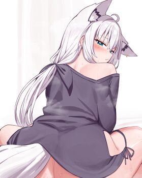 1girl :/ absurdres ahoge animal_ear_piercing animal_ears aqua_eyes ass bed_sheet black_ribbon black_shirt blush clothing_cutout commentary_request crossed_bangs deaver extra_ears fox_ears fox_girl fox_tail from_behind hair_between_eyes hair_ribbon highres hip_vent hololive long_hair looking_at_viewer low_ponytail naked_shirt official_alternate_costume paid_reward_available ponytail ribbon shirakami_fubuki shirakami_fubuki_(loungewear) shirt side-tie_shirt single_off_shoulder solo tail virtual_youtuber white_hair
