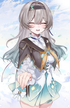 Rule 34 | 1girl, black hairband, black jacket, breasts, closed eyes, commentary request, cracked skin, dress, facing viewer, firefly (honkai: star rail), gradient hair, green dress, grey hair, hair between eyes, hair ornament, hairband, highres, honkai: star rail, honkai (series), jacket, long hair, medium breasts, multicolored eyes, multicolored hair, neckerchief, open mouth, orange neckerchief, revision, sakusaku (616saku), smile, solo, white dress