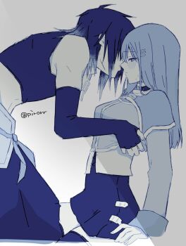 1boy 1girl albel_nox blush choker closed_mouth collar elbow_gloves gloves greyscale hair_ornament hairclip highres long_hair monochrome multicolored_hair pencil_skirt pirorr simple_background skirt sophia_esteed star_ocean star_ocean:_till_the_end_of_time thighhighs white_background