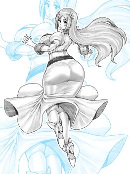 01leteo 1girl bleach bleach:_sennen_kessen-hen breasts cleavage cleavage_cutout clothing_cutout detached_sleeves female_focus full_body hair_ornament hairclip inoue_orihime large_breasts long_hair long_skirt midriff parted_lips puffy_sleeves simple_background skirt snowflake_hair_ornament white_background