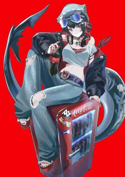 1girl absurdres belt black_hair bottle breasts can cleavage coca-cola commentary_request crop_top denim drink_can ellen_joe eyewear_on_head fins fish_tail guest_art hat highres holding jacket jeans jewelry long_sleeves looking_at_viewer medium_breasts midriff nail_polish necklace open_clothes open_jacket pants red_background red_eyes red_hair refrigerator ring shark_girl shark_tail simple_background sitting soda_bottle soda_can solo sunglasses swav tail toenail_polish toenails torn_clothes torn_jeans torn_pants zenless_zone_zero